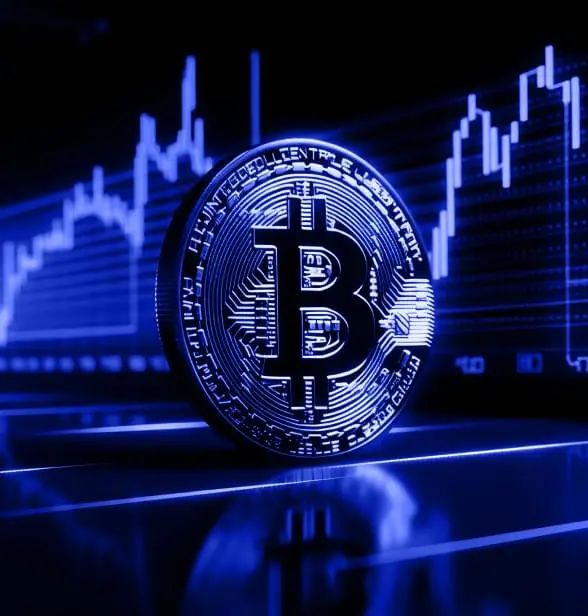 Bitcoin devant un graphique numérique illustrant l’activité d’une plateforme crypto moderne